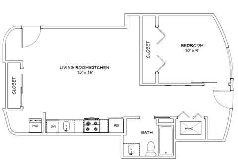 Floor plan for 1 bed, 1 bath, 746 sqft